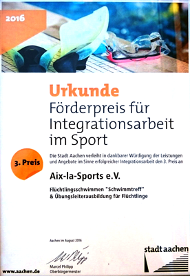Urkunde Förderpreis für Integrationsarbeit im Sport 2016